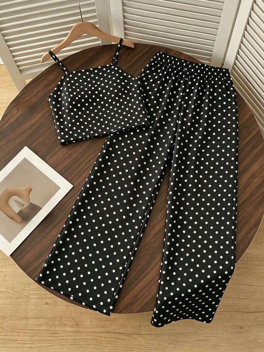 Tween girls casual 2-piece set featuring an apricot woven camisole crop top with back shirring and matching high-waisted loose long pants.