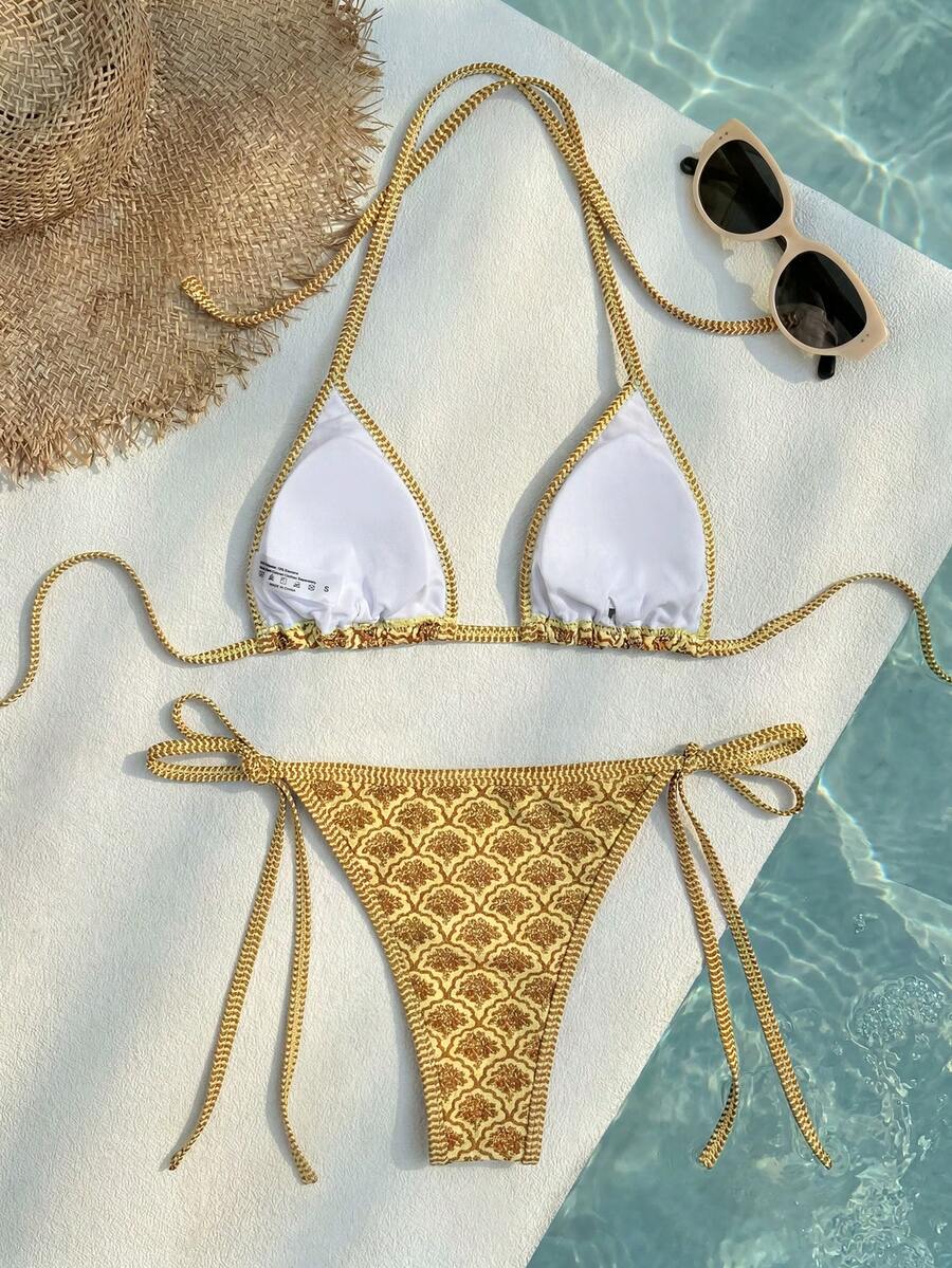 Women's high waist 2-piece triangle bikini set featuring colorblock trim, halter neckline, wireless bra with removable padding, and tie-side bottoms.