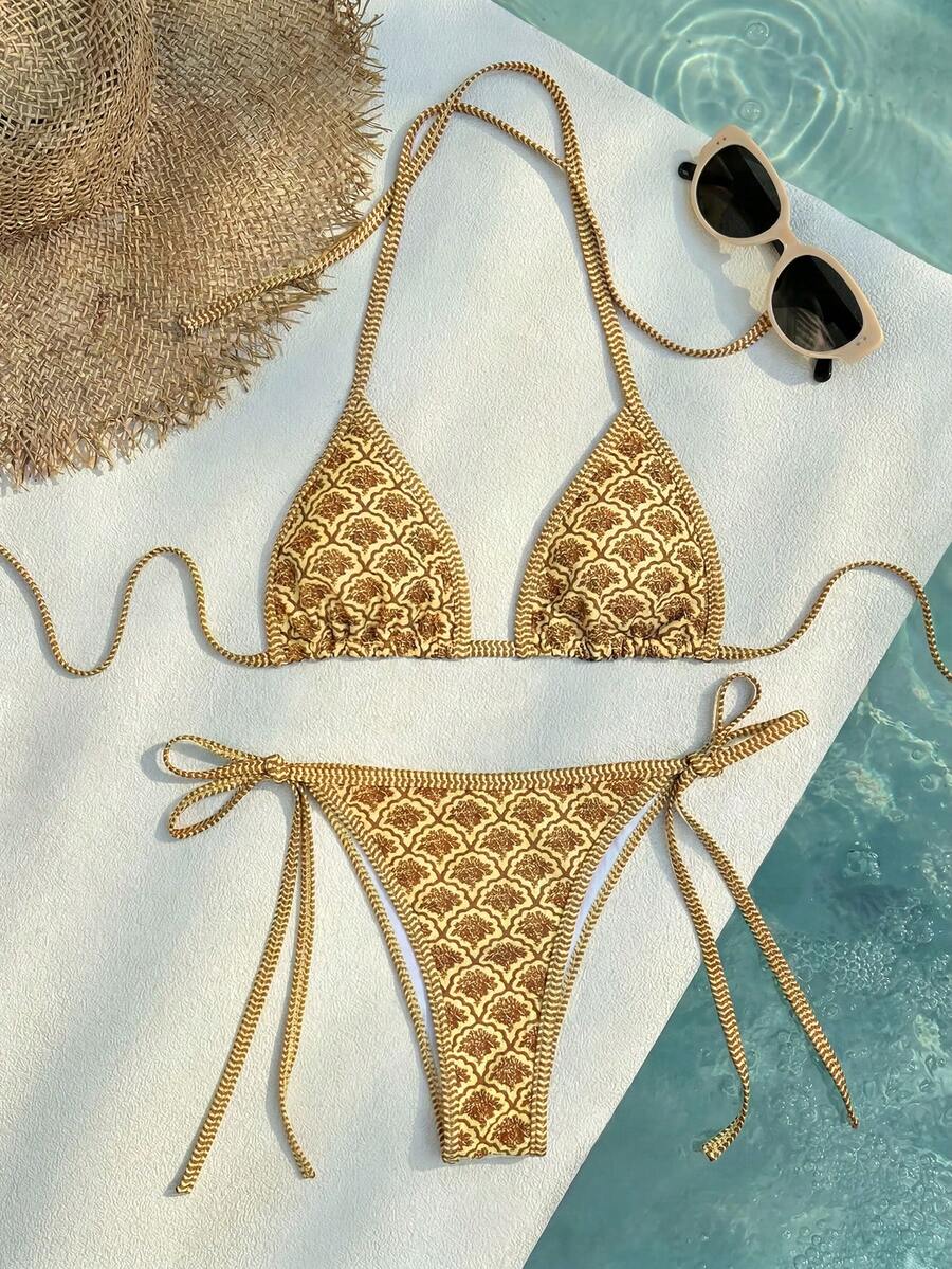 Women's high waist 2-piece triangle bikini set featuring colorblock trim, halter neckline, wireless bra with removable padding, and tie-side bottoms.