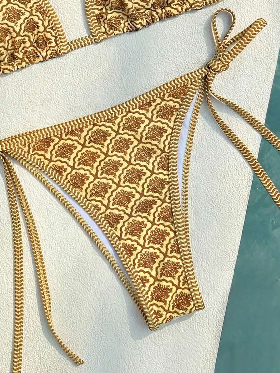 Women's high waist 2-piece triangle bikini set featuring colorblock trim, halter neckline, wireless bra with removable padding, and tie-side bottoms.