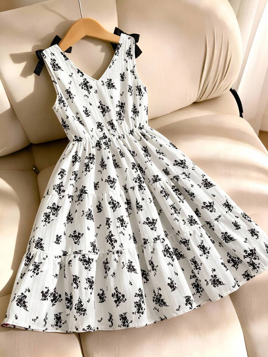 Girls sleeveless blue tiered dress featuring a V-neckline, high waist, and A-line skirt.