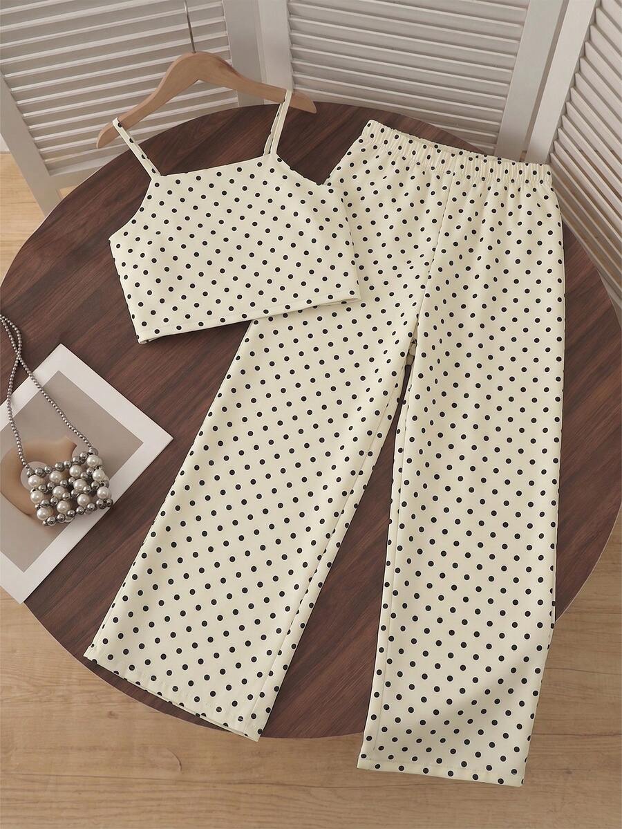 Tween girls casual 2-piece set featuring an apricot woven camisole crop top with back shirring and matching high-waisted loose long pants.