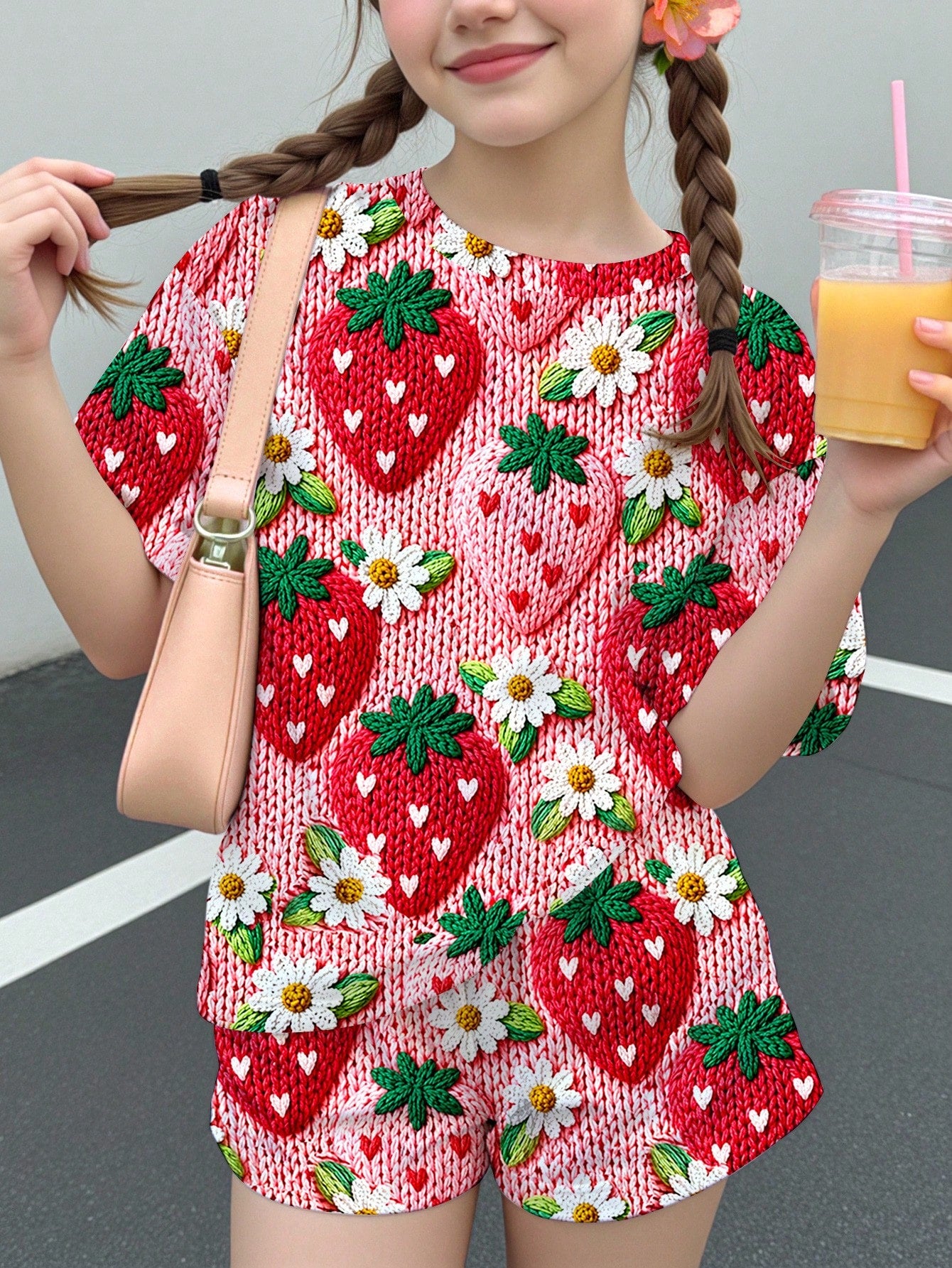Multicolor heart print short sleeve top and loose shorts 2-piece set for tween girls