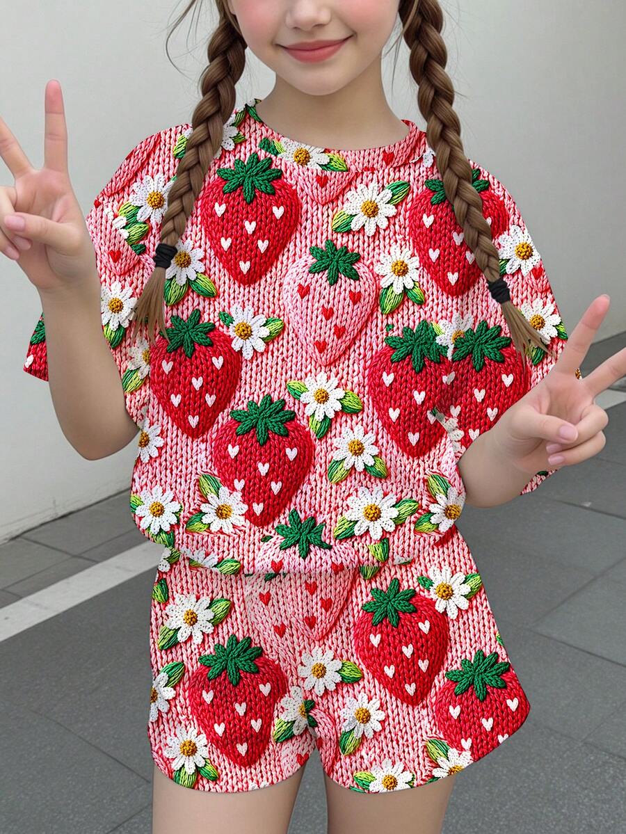 Multicolor heart print short sleeve top and loose shorts 2-piece set for tween girls