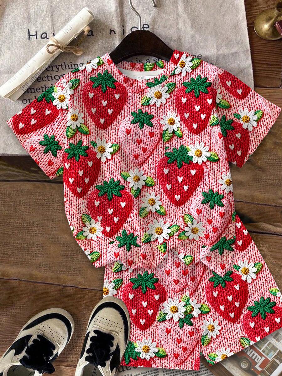 Multicolor heart print short sleeve top and loose shorts 2-piece set for tween girls