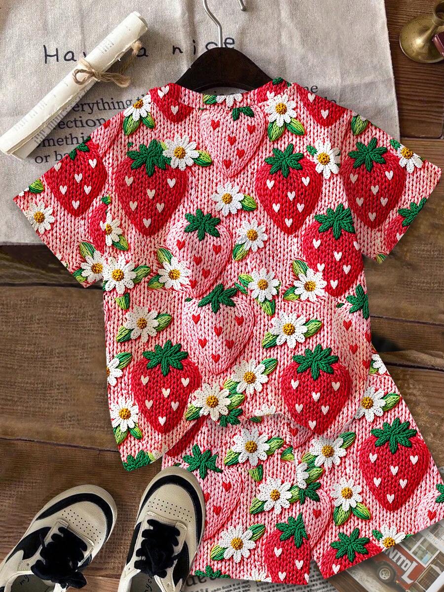 Multicolor heart print short sleeve top and loose shorts 2-piece set for tween girls