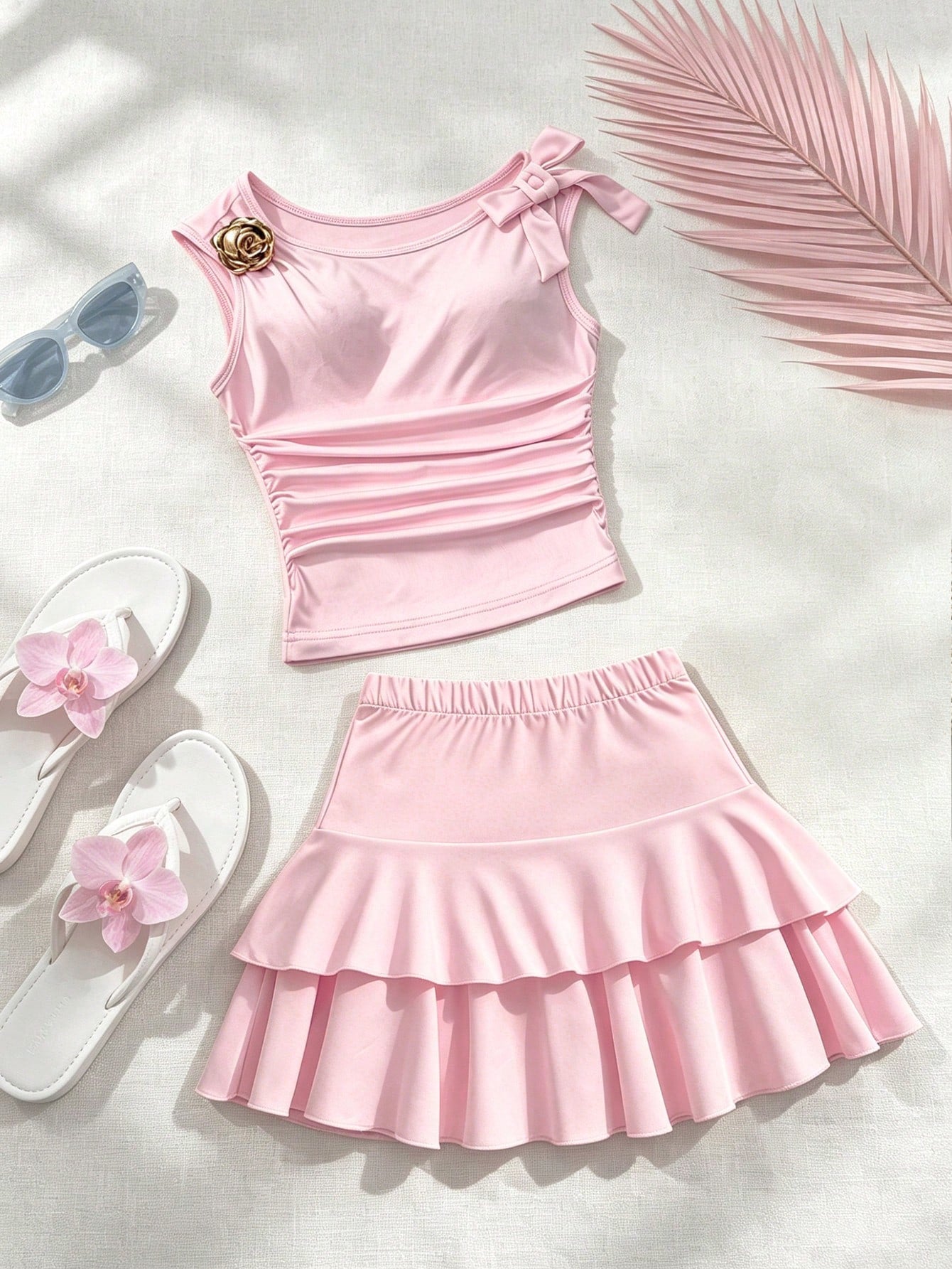 Light blue two-piece outfit set for tween girls with a sleeveless round neck vest top and a tiered ruffle cake skirt featuring a plant pattern.