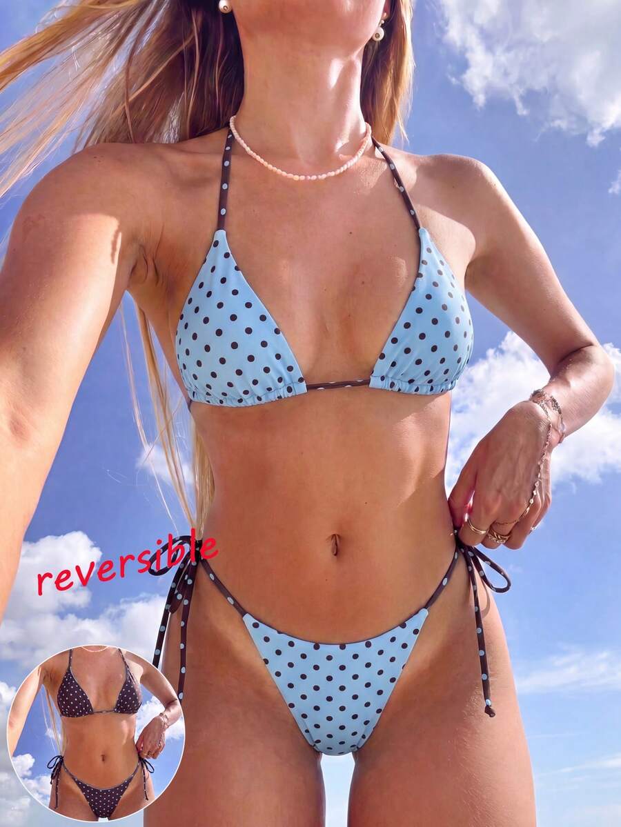 Multicolor striped halter neck two-piece bikini set featuring wireless triangle cups and low-waist tie-side bottoms.