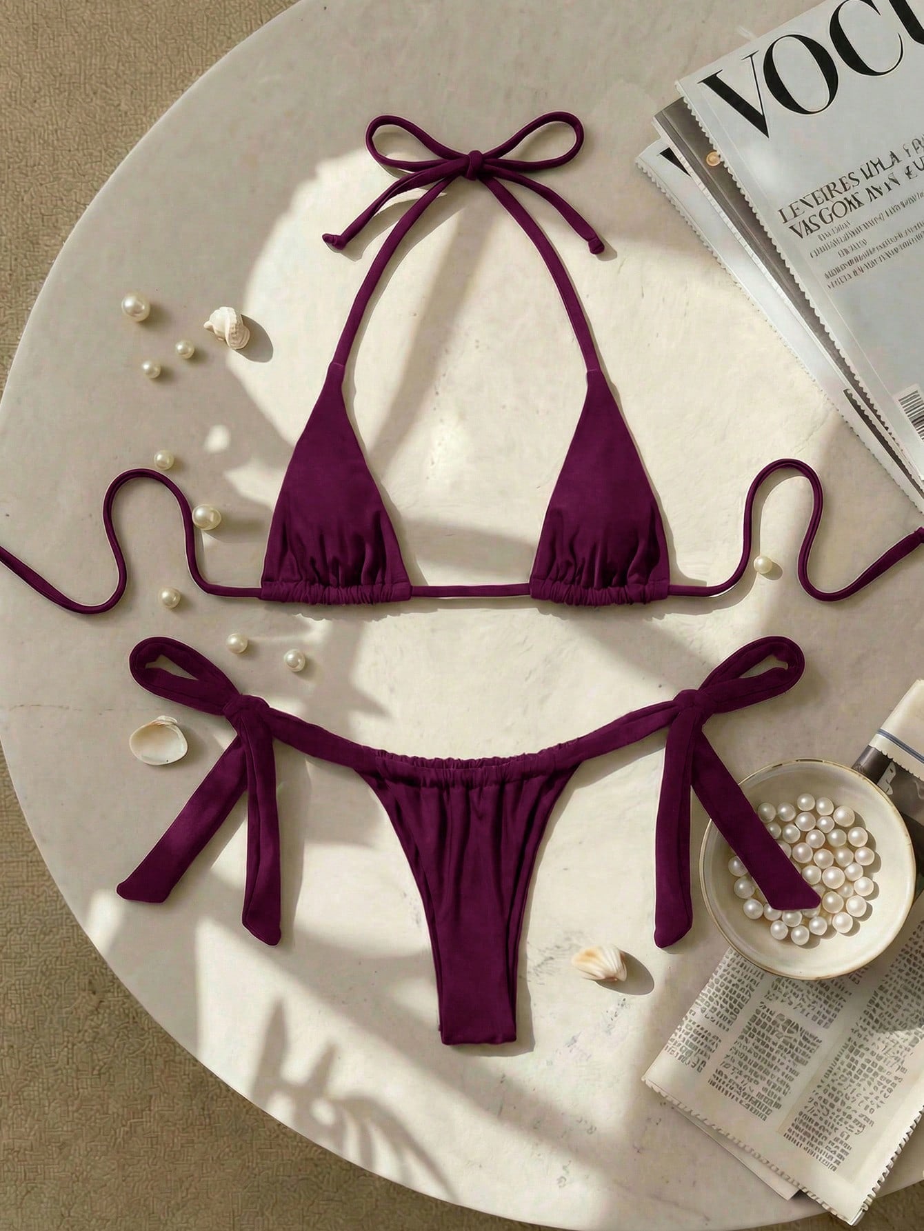 Army green high waist micro bikini swimsuit set for women featuring wireless spaghetti strap top with chain knot details and tie side thong bottoms.