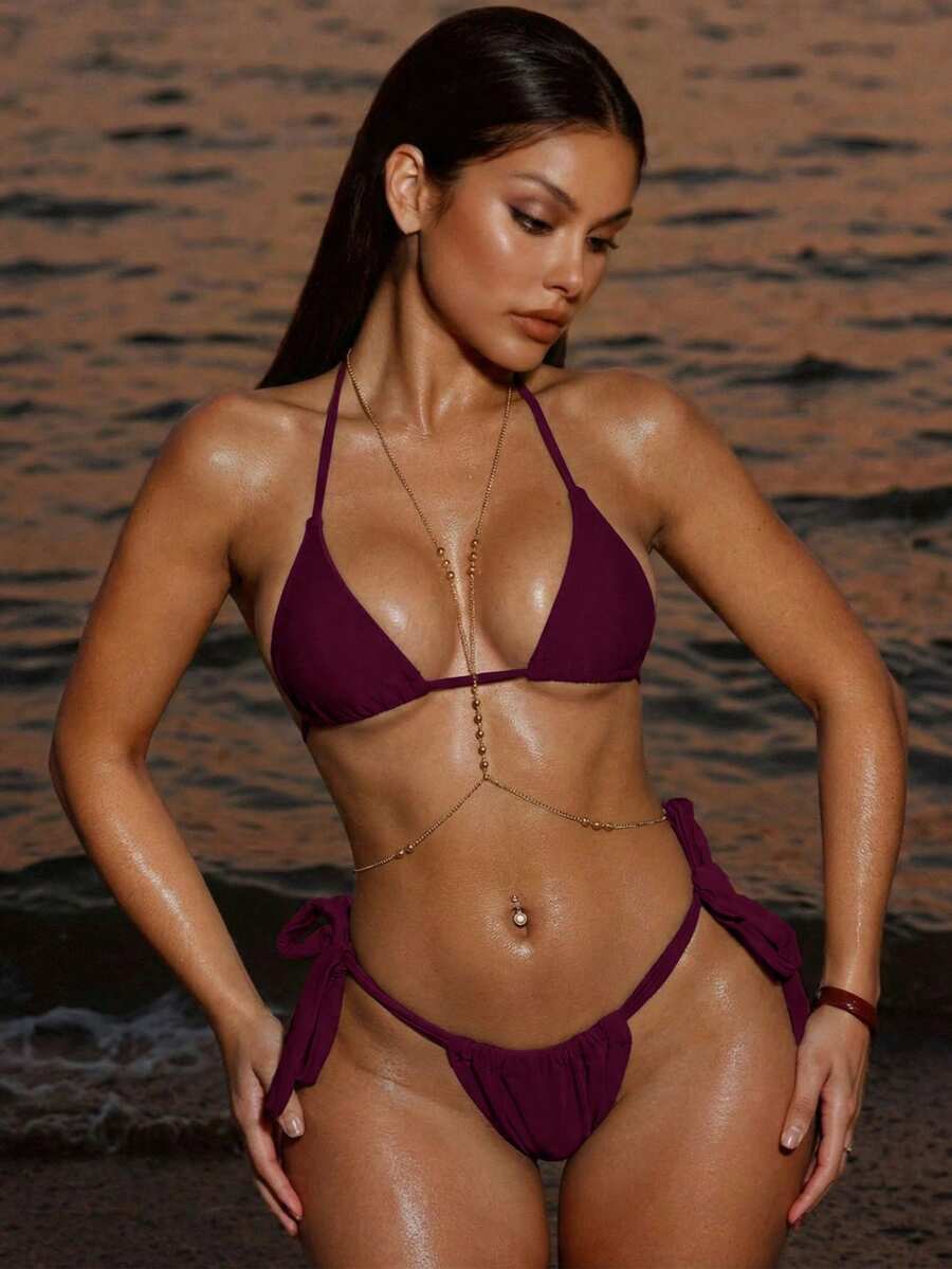 Army green high waist micro bikini swimsuit set for women featuring wireless spaghetti strap top with chain knot details and tie side thong bottoms.