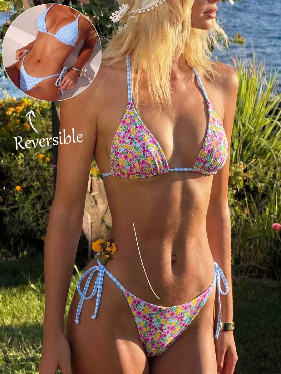 Multicolor striped halter neck two-piece bikini set featuring wireless triangle cups and low-waist tie-side bottoms.