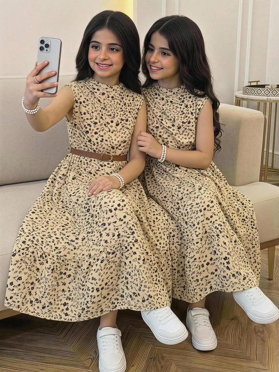 Tween girl wearing an apricot plant print long dress featuring a stand collar, short sleeves, high waist, flared hem, and back zipper closure.
