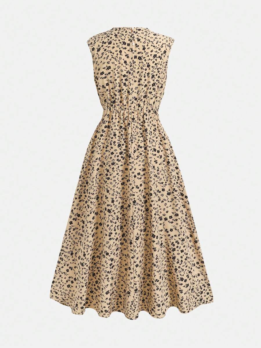 Tween girl wearing an apricot plant print long dress featuring a stand collar, short sleeves, high waist, flared hem, and back zipper closure.