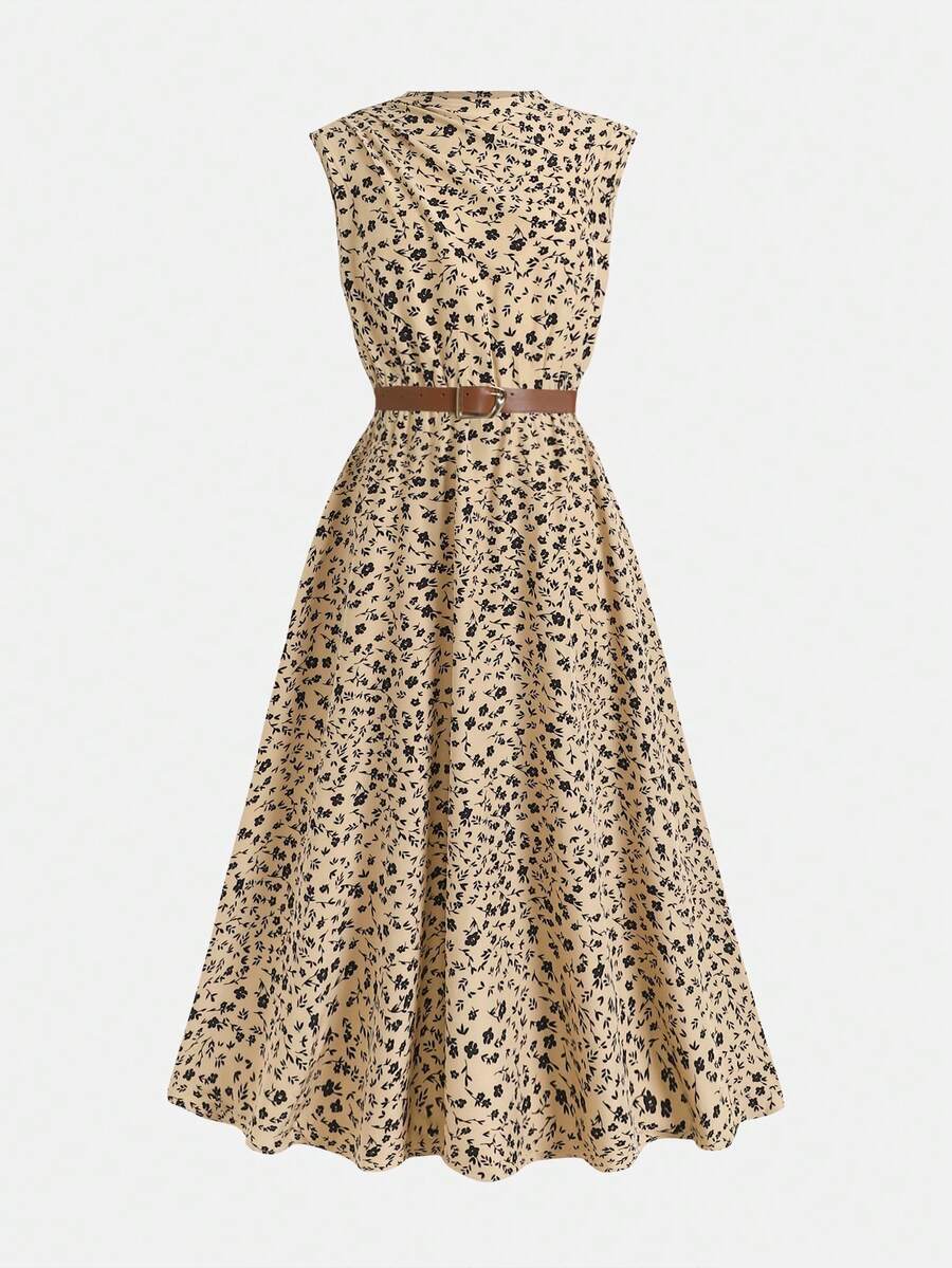 Tween girl wearing an apricot plant print long dress featuring a stand collar, short sleeves, high waist, flared hem, and back zipper closure.