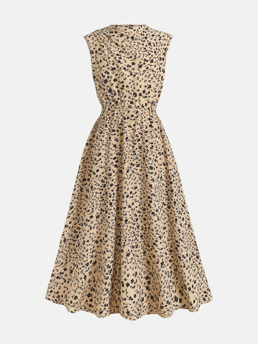 Tween girl wearing an apricot plant print long dress featuring a stand collar, short sleeves, high waist, flared hem, and back zipper closure.