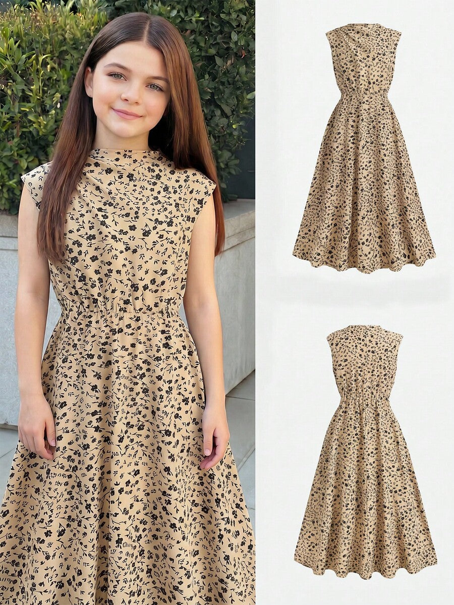 Tween girl wearing an apricot plant print long dress featuring a stand collar, short sleeves, high waist, flared hem, and back zipper closure.