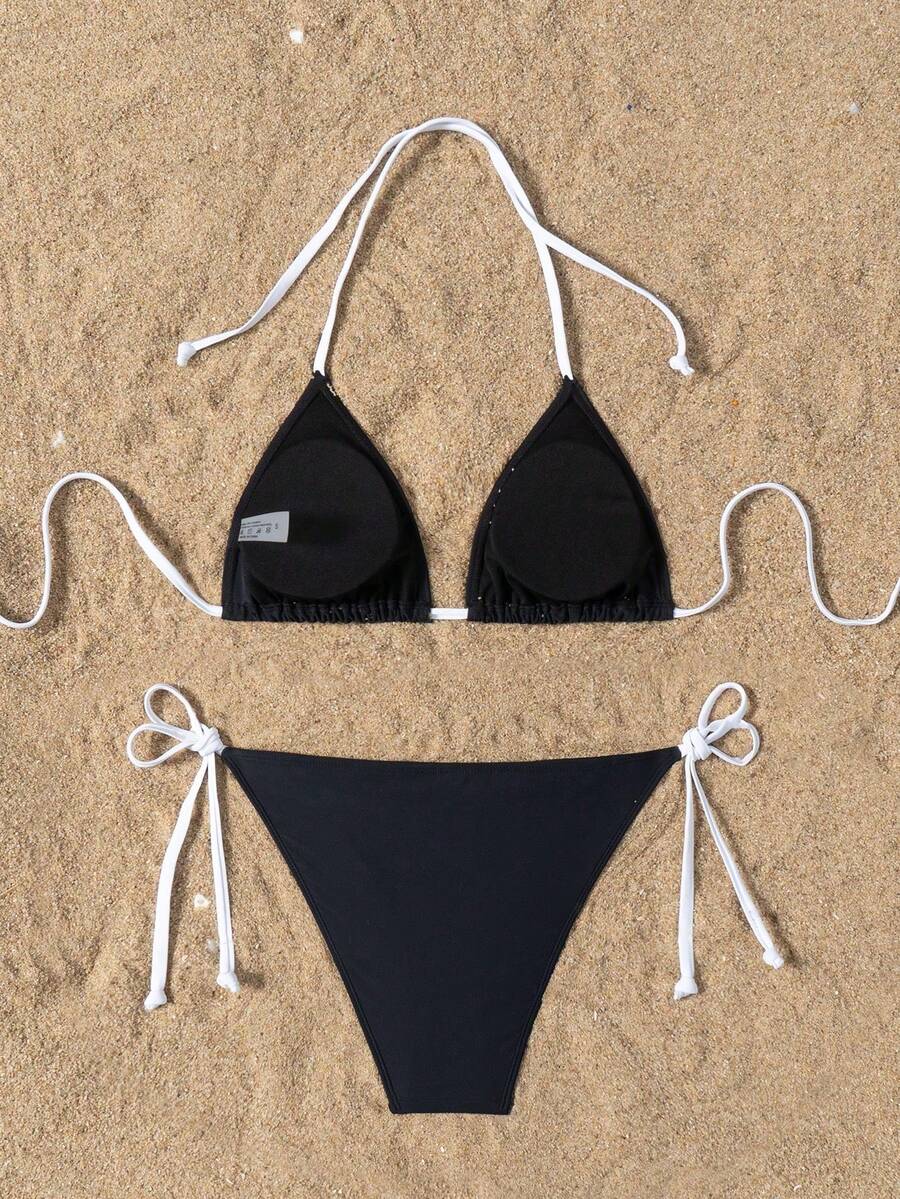 Women's high waist halter tie bikini swimwear set featuring triangle cups, wireless bra with removable padding, and tie side bottoms.
