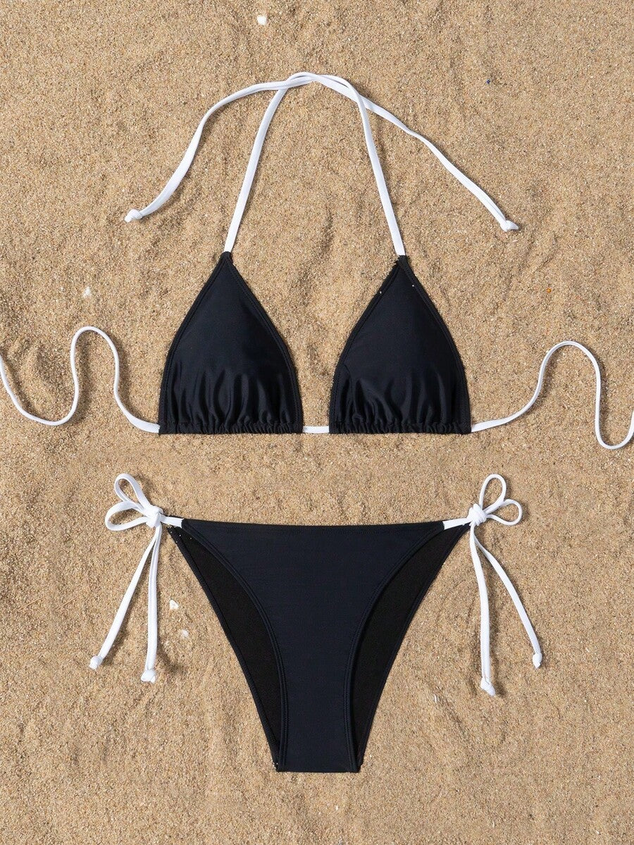 Women's high waist halter tie bikini swimwear set featuring triangle cups, wireless bra with removable padding, and tie side bottoms.