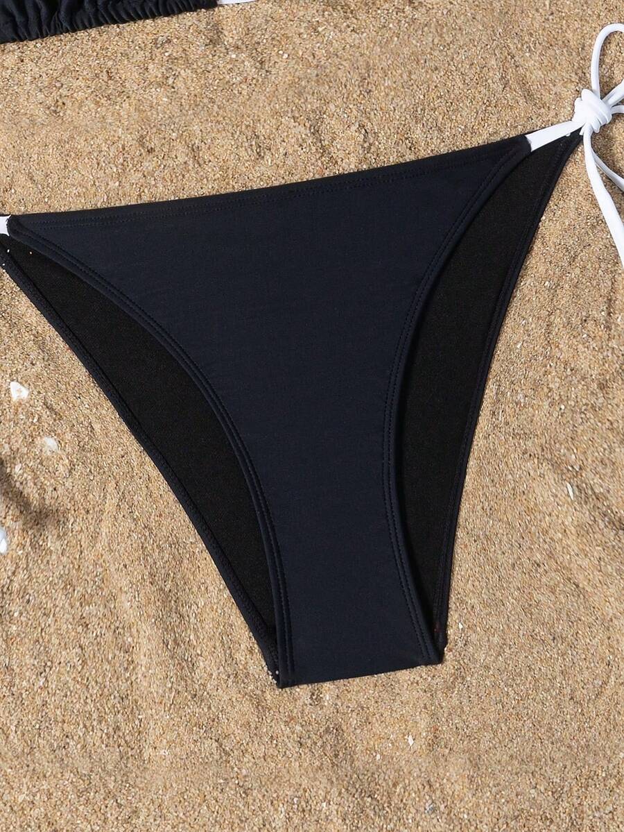 Women's high waist halter tie bikini swimwear set featuring triangle cups, wireless bra with removable padding, and tie side bottoms.
