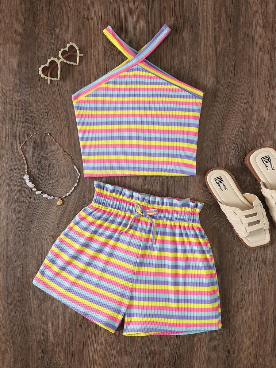 Black and white striped 2-piece set for tween girls featuring a halter sleeveless pullover top with criss-cross knot detail and matching paperbag waist shorts.