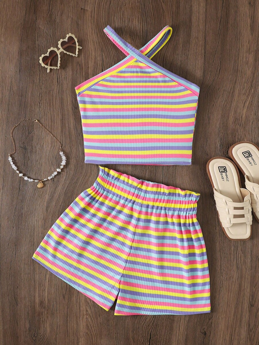 Black and white striped 2-piece set for tween girls featuring a halter sleeveless pullover top with criss-cross knot detail and matching paperbag waist shorts.