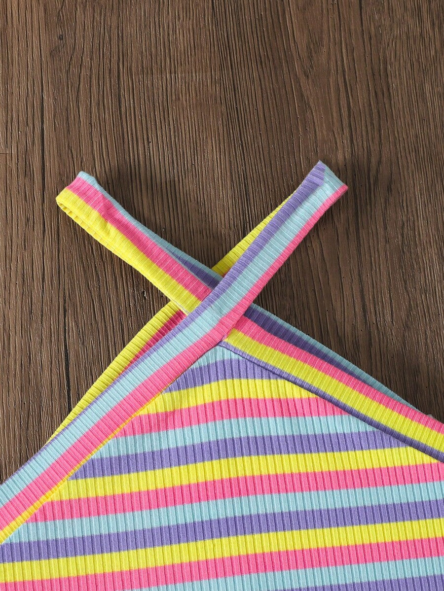 Black and white striped 2-piece set for tween girls featuring a halter sleeveless pullover top with criss-cross knot detail and matching paperbag waist shorts.