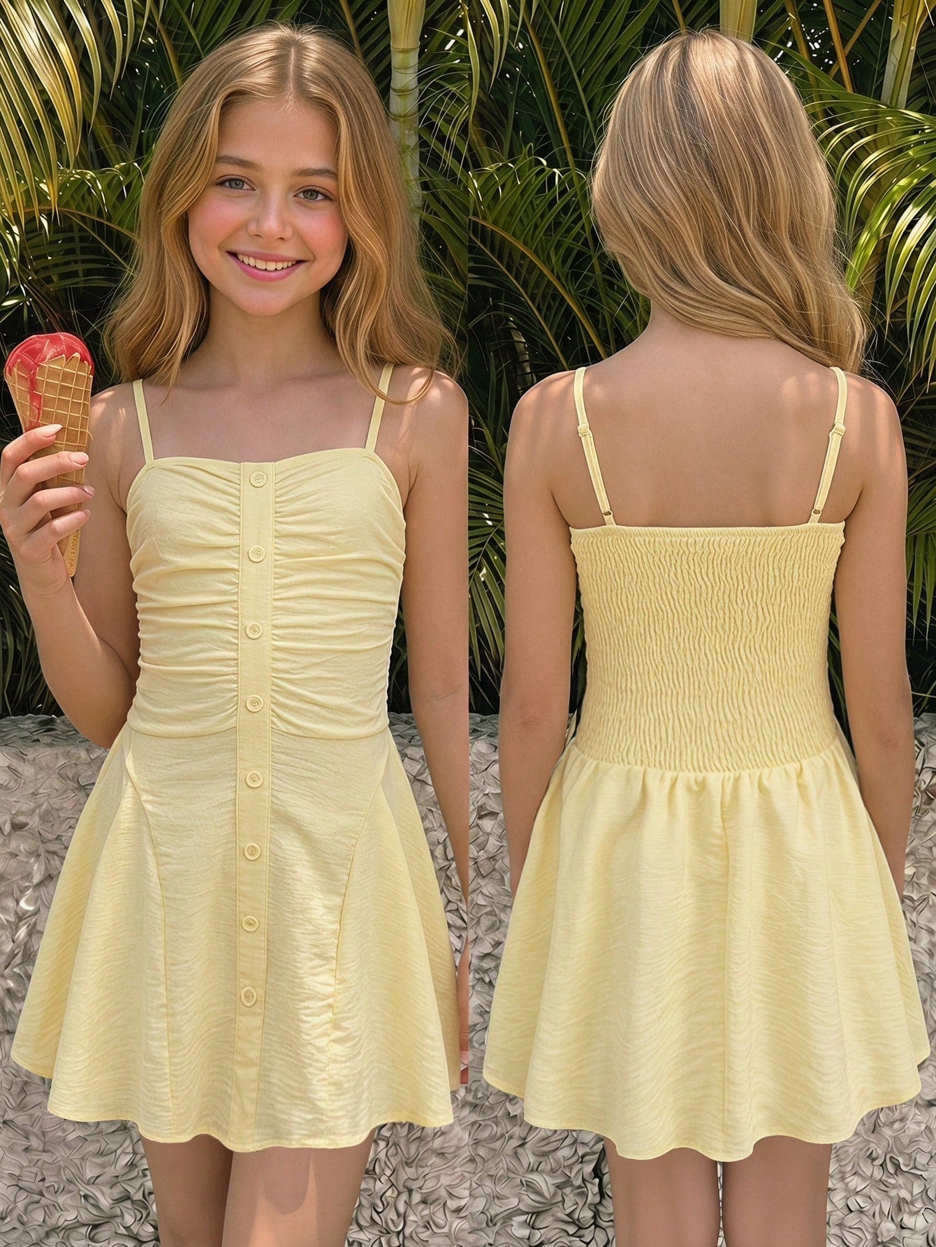 Tween girls strapless tube dress with plant print, belted high waist, tiered layer, zipper detail, flared hem, and short slim fit