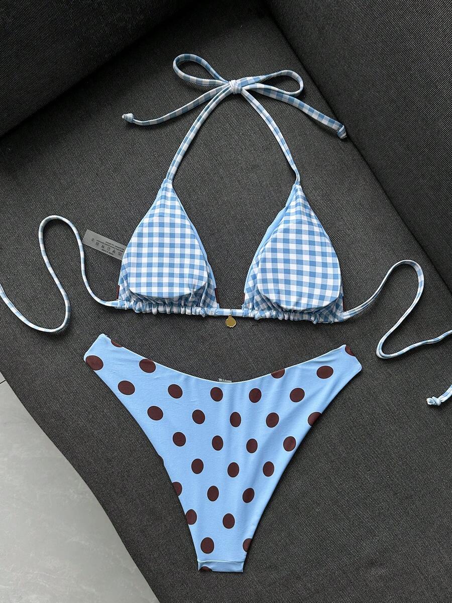 Women's black textured plaid 2-piece bikini set featuring a halter neckline, wireless triangle cups with removable padding, and mid-waist bottoms.