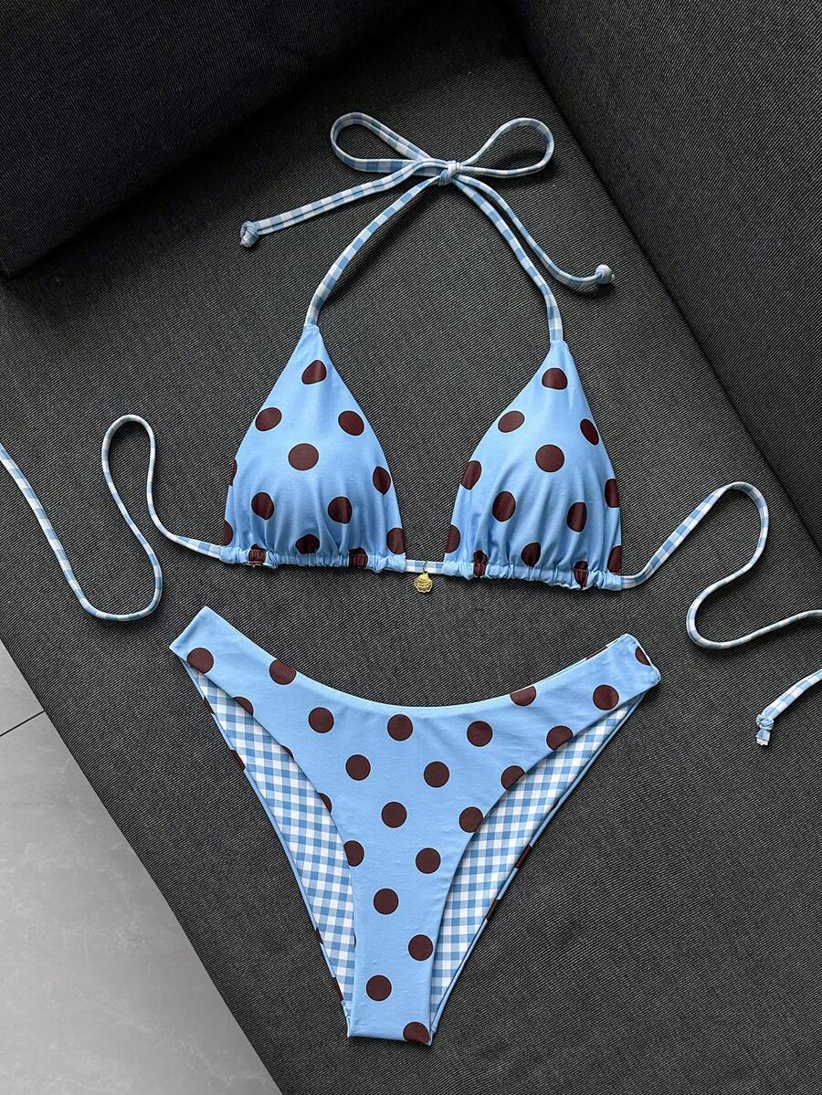 Women's black textured plaid 2-piece bikini set featuring a halter neckline, wireless triangle cups with removable padding, and mid-waist bottoms.