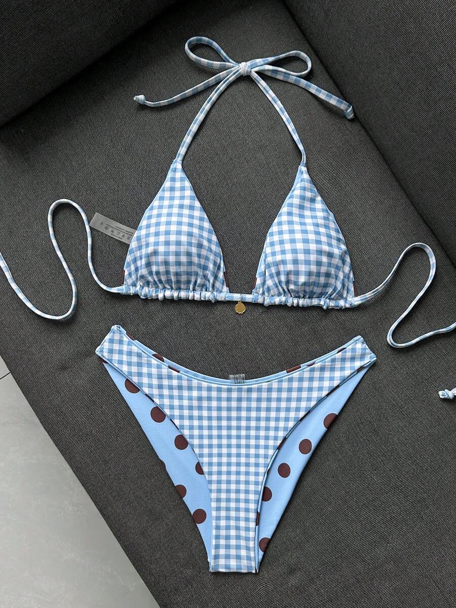 Women's black textured plaid 2-piece bikini set featuring a halter neckline, wireless triangle cups with removable padding, and mid-waist bottoms.