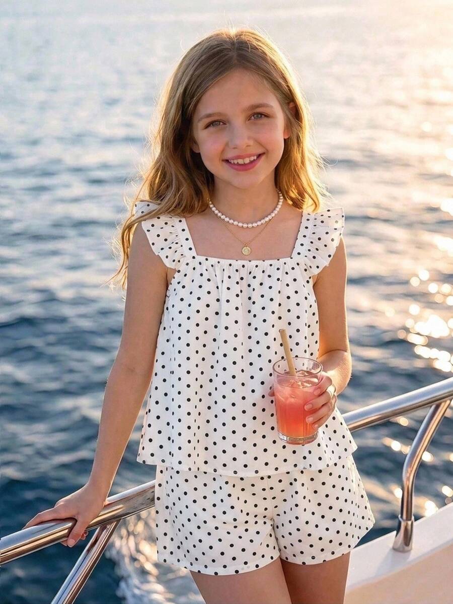 Tween girls 2-piece bohemian outfit set in apricot featuring a square neck embroidered sleeveless camisole top and matching floral wide leg shorts.