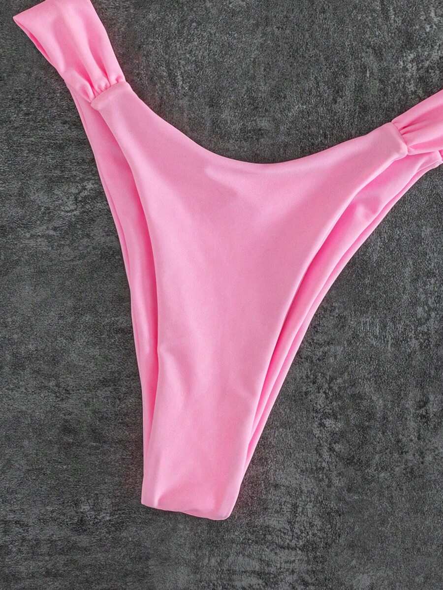 Women's solid yellow 2-piece bikini set featuring a high-waist bottom and a wireless bandeau top on display for beach and resort wear.