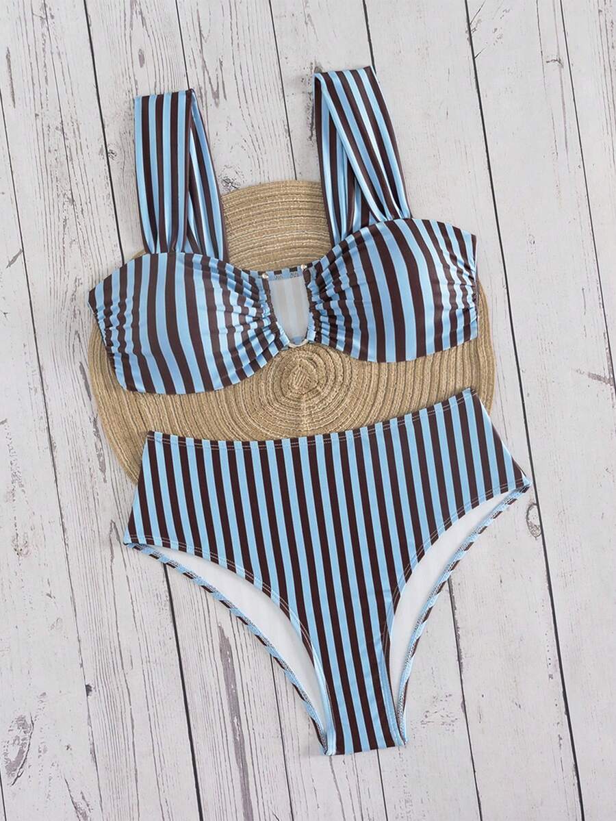 Springbreak black high waist bikini set for women featuring wireless bra top with ruffle lettuce trim and V-wired detail.