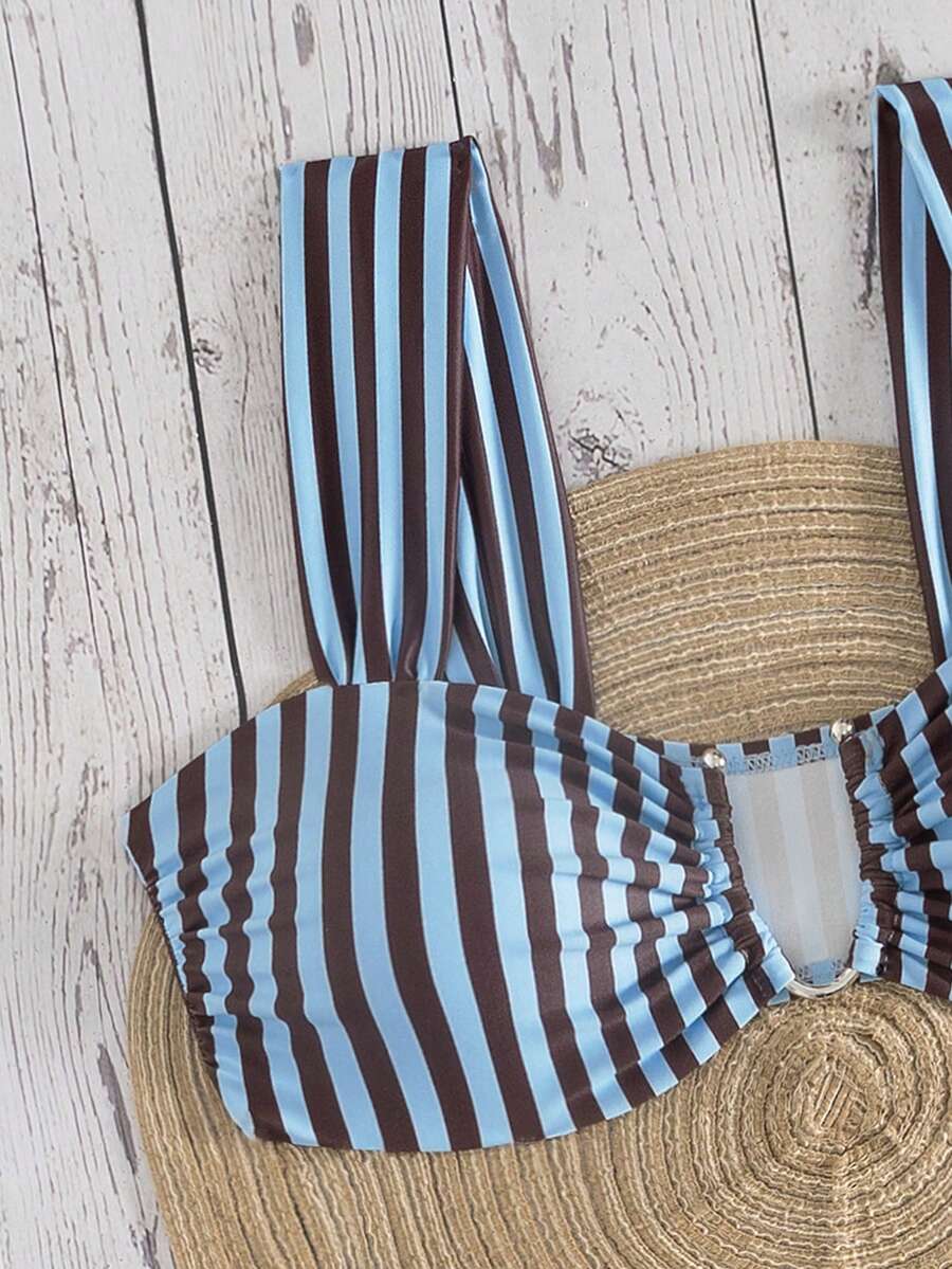 Springbreak black high waist bikini set for women featuring wireless bra top with ruffle lettuce trim and V-wired detail.
