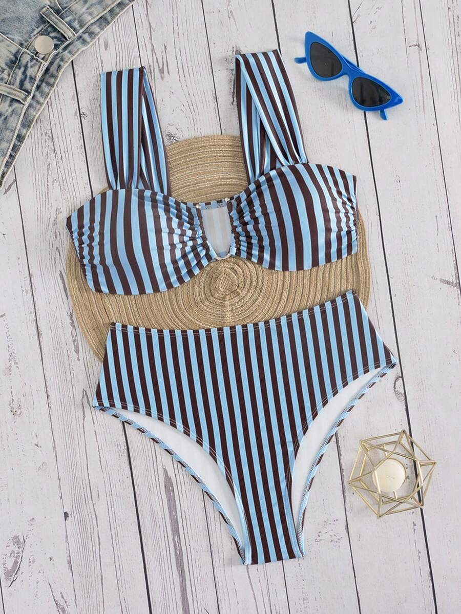 Springbreak black high waist bikini set for women featuring wireless bra top with ruffle lettuce trim and V-wired detail.