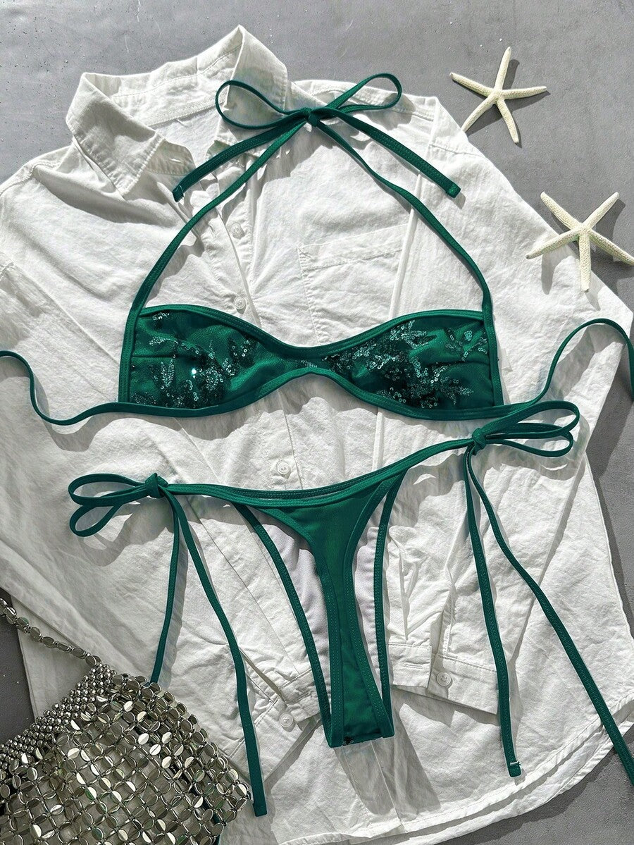 Apricot 2-piece sequin textured halter bikini set featuring a wireless top with lace-up backless ties and matching low-waist side-tie thong bottoms.