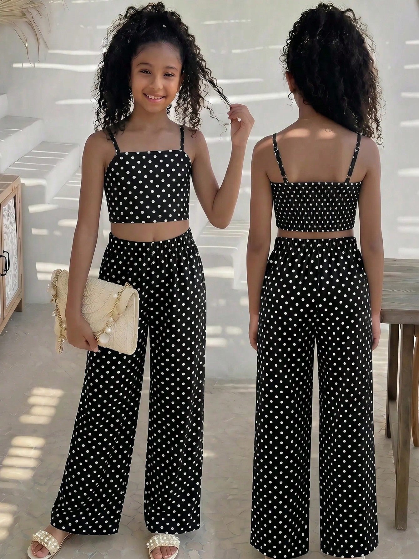 Tween girls casual 2-piece set featuring an apricot woven camisole crop top with back shirring and matching high-waisted loose long pants.
