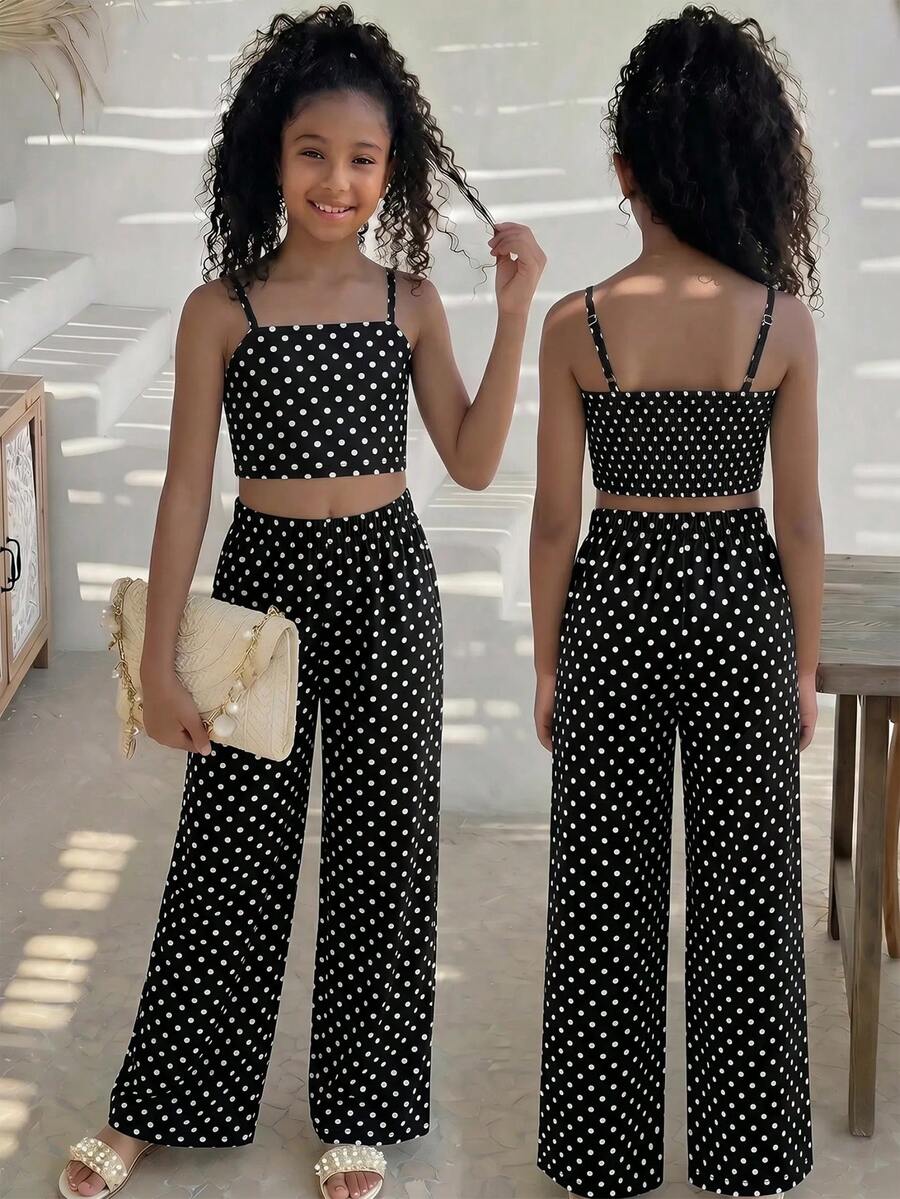 Tween girls casual 2-piece set featuring an apricot woven camisole crop top with back shirring and matching high-waisted loose long pants.