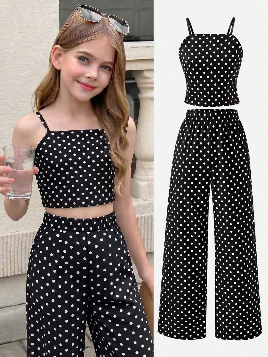 Tween girls casual 2-piece set featuring an apricot woven camisole crop top with back shirring and matching high-waisted loose long pants.