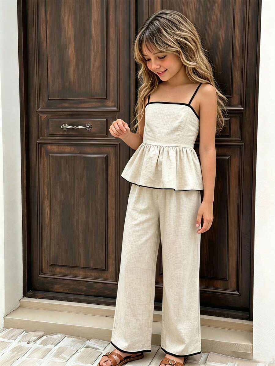 Tween girl wearing an apricot 2-piece outfit set featuring a shirred spaghetti strap short cami top and matching wide-leg long pants.