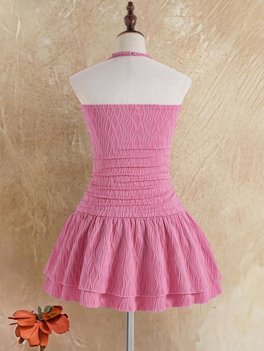 Tween girls apricot sleeveless halter mini dress with textured starfish and shell decor, shirred tiered layer, high waist, and flounce hem.