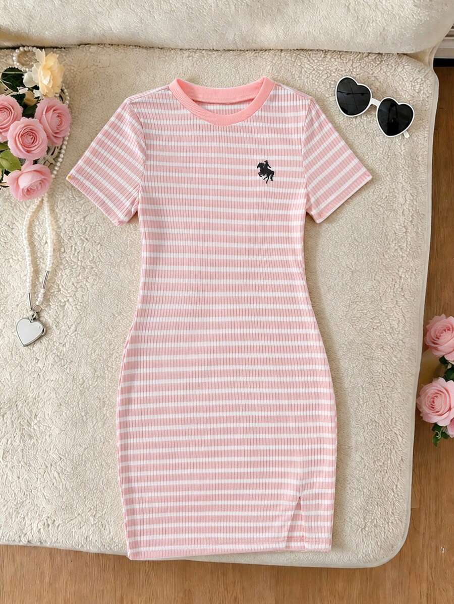 Girls black striped midi dress featuring short sleeves, round neck, slim fit, and flared hem.
