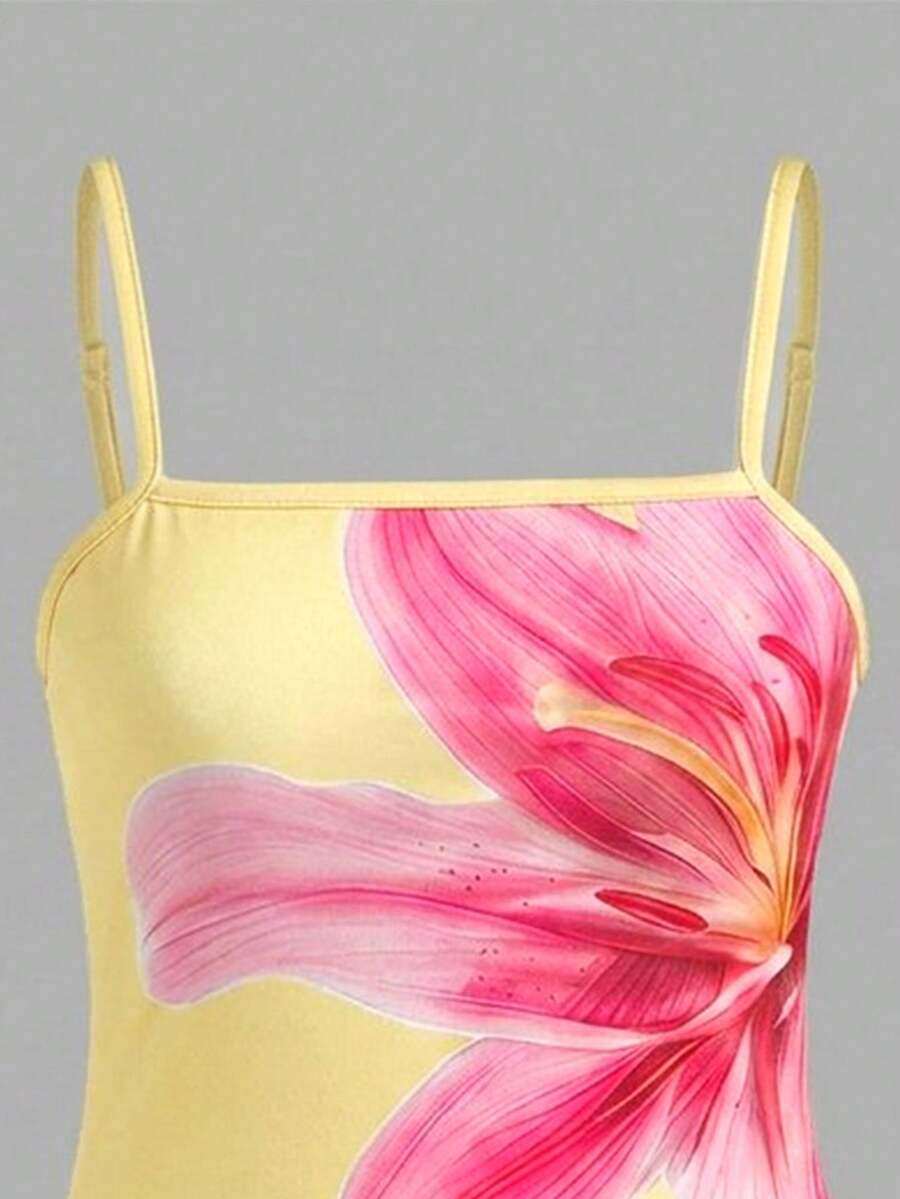 Tween girls multicolor floral vacation midi cami dress with spaghetti straps, sleeveless loose fit, natural waist, and pencil hem.