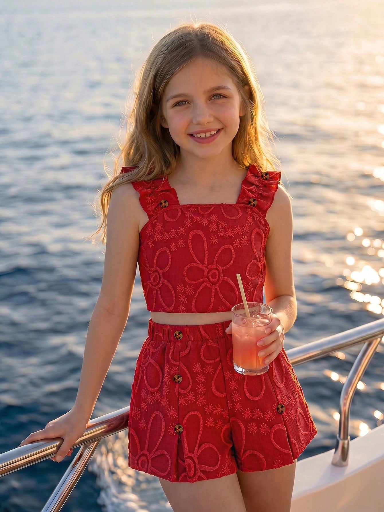 Apricot two-piece summer outfit for tween girls featuring a sleeveless pleated square-neck camisole top with button details and matching gathered shorts.