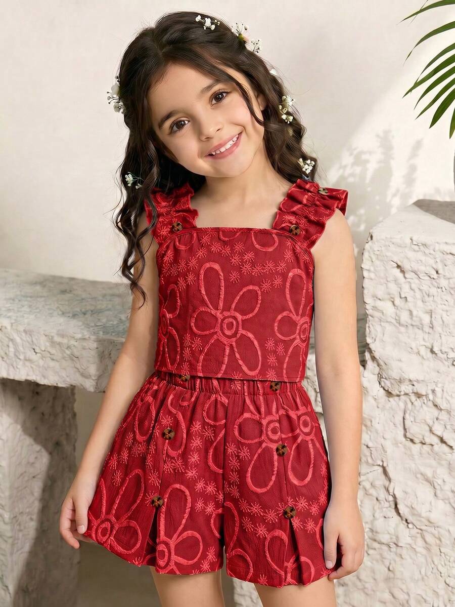 Apricot two-piece summer outfit for tween girls featuring a sleeveless pleated square-neck camisole top with button details and matching gathered shorts.