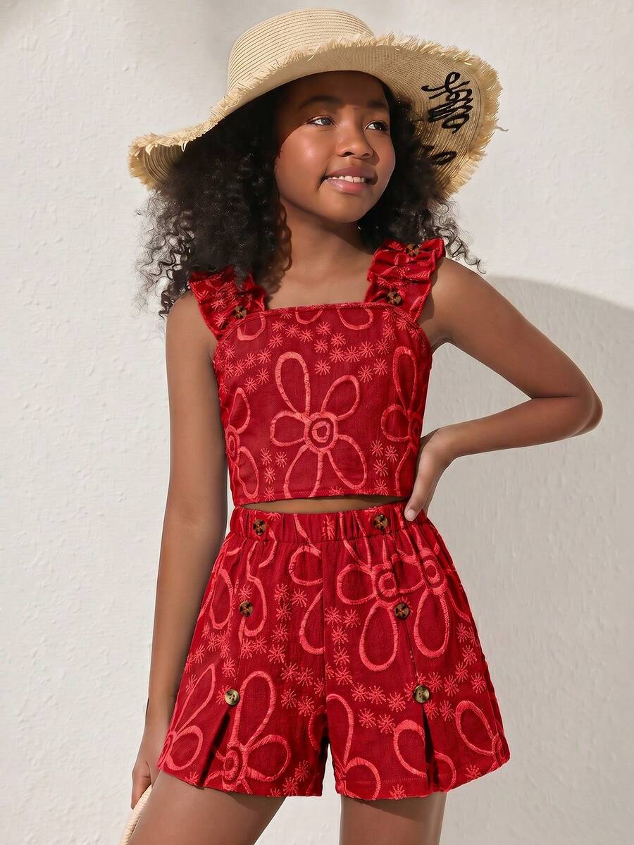 Apricot two-piece summer outfit for tween girls featuring a sleeveless pleated square-neck camisole top with button details and matching gathered shorts.