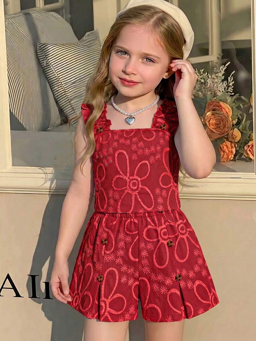 Apricot two-piece summer outfit for tween girls featuring a sleeveless pleated square-neck camisole top with button details and matching gathered shorts.