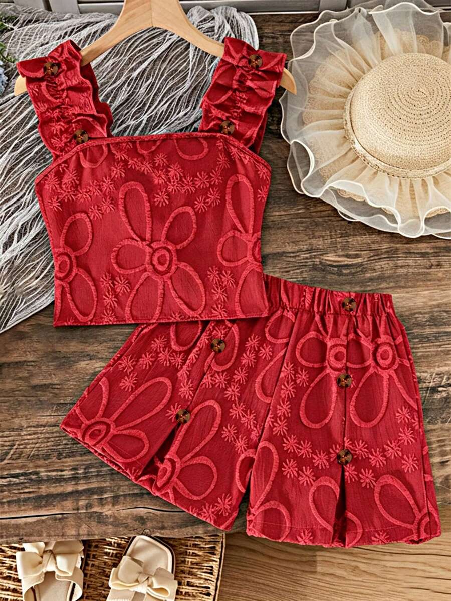 Apricot two-piece summer outfit for tween girls featuring a sleeveless pleated square-neck camisole top with button details and matching gathered shorts.