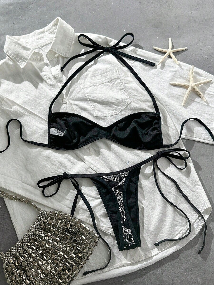Apricot 2-piece sequin textured halter bikini set featuring a wireless top with lace-up backless ties and matching low-waist side-tie thong bottoms.