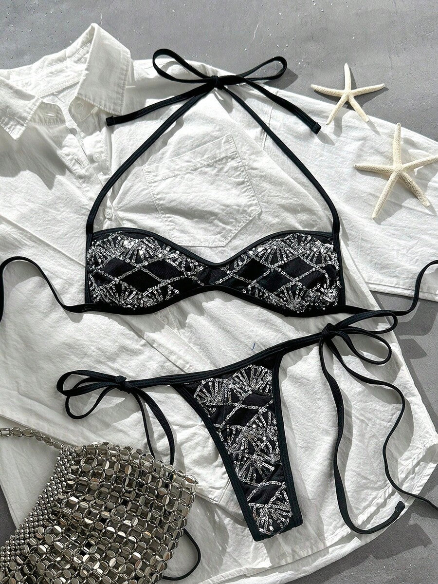Apricot 2-piece sequin textured halter bikini set featuring a wireless top with lace-up backless ties and matching low-waist side-tie thong bottoms.